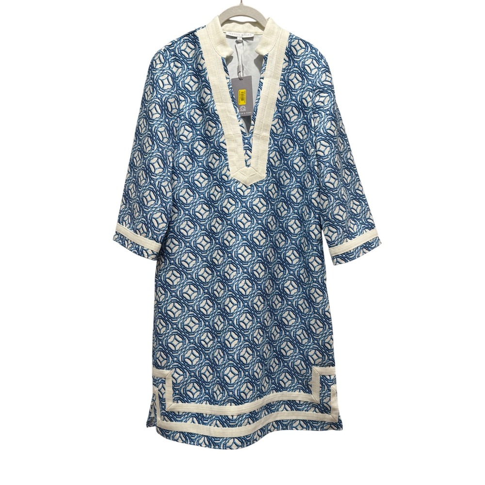 NEW Preston & York Printed Linen Loretta 3/4 sleeve Dress Blue White Size 8